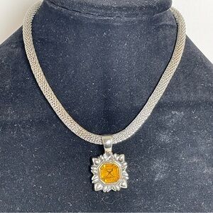 Silver Tone Mesh Choker Necklace with Amber and Silver Tone Pendant